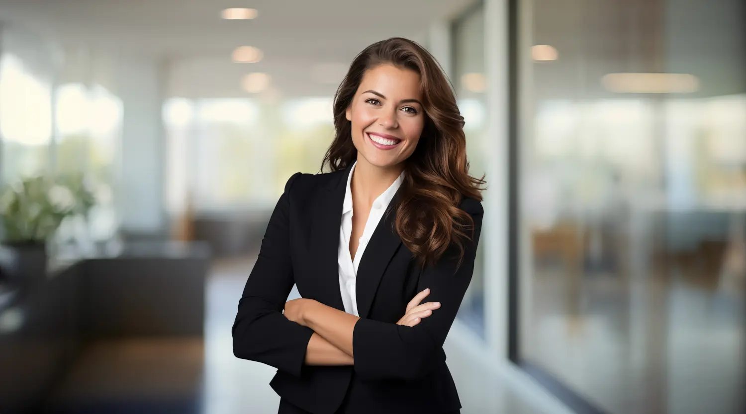 Professionelle Business-Frau Headshot in modernem Büro Hintergrund
